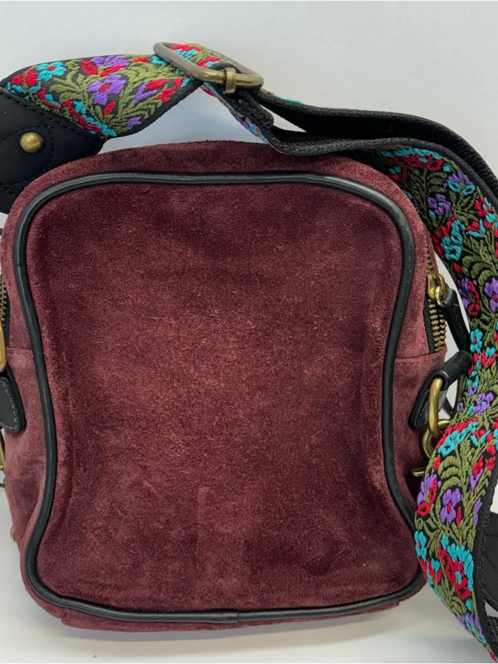 Rachel Comey Suede Maroon Red Crossbody Bump Bag Floral Strap Boho Preppy - Picture 3 of 7